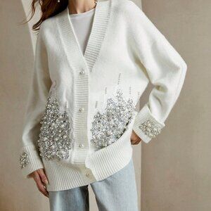 White Casual Women's Sequin & Faux Pearl Embellished Sweater Cardigan